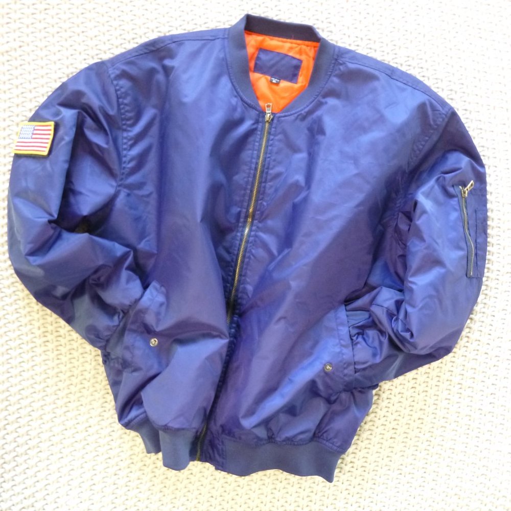 Vintage Bomber Flight Jacket XL Navy Mid Weight Full Zip Removable USA Patch